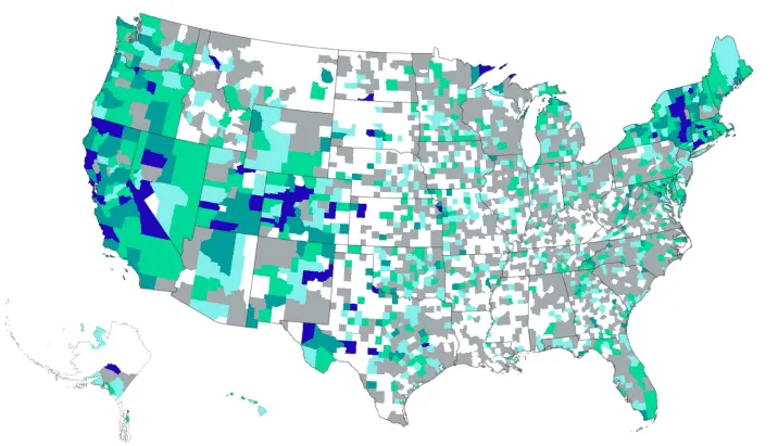 Density map of EV charging ports in the United States