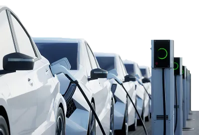 Electric vehicles lined up at charging stations