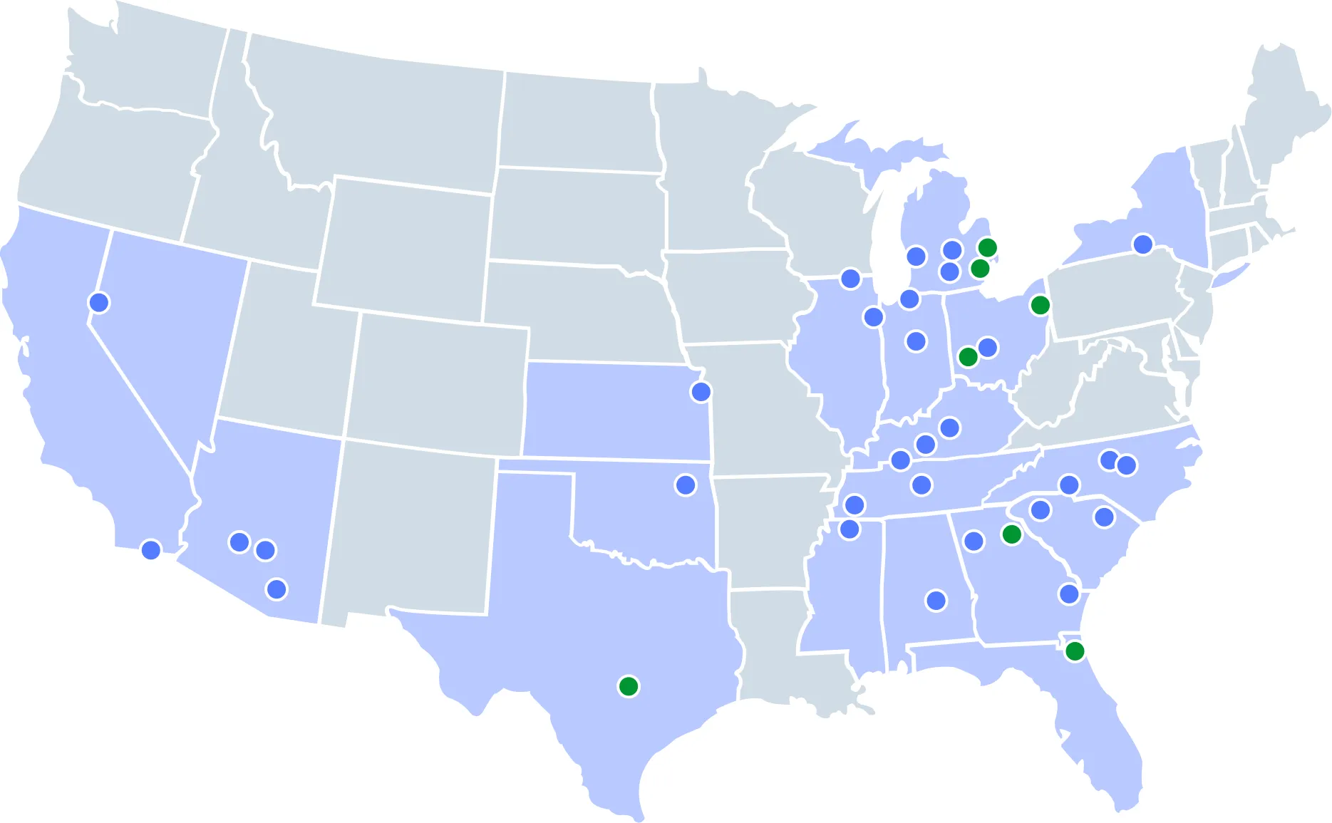 Map of announced and active EV battery plants around the US